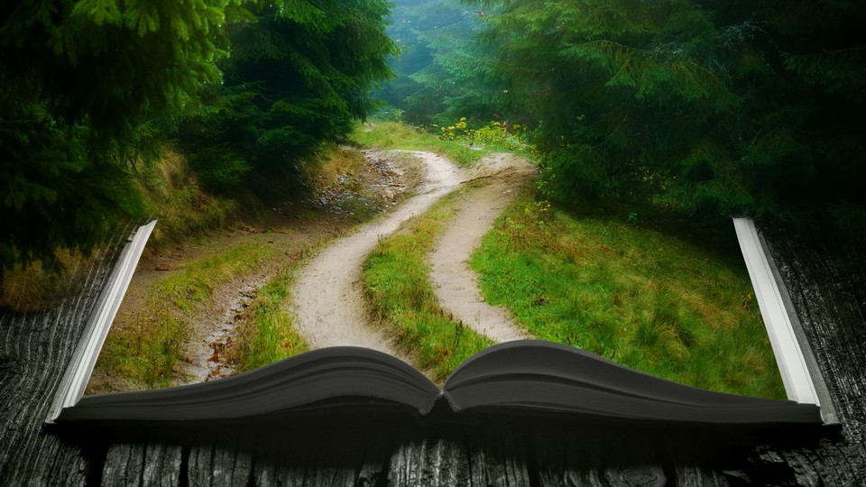 An open book illustrated with a path in a forest that extends out fr