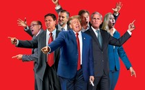 Photo illustration of group of Republicans, including Donald Trump, Marjorie Taylor Greene, Kevin McCarthy, and others, standing in a circle and shouting on red background