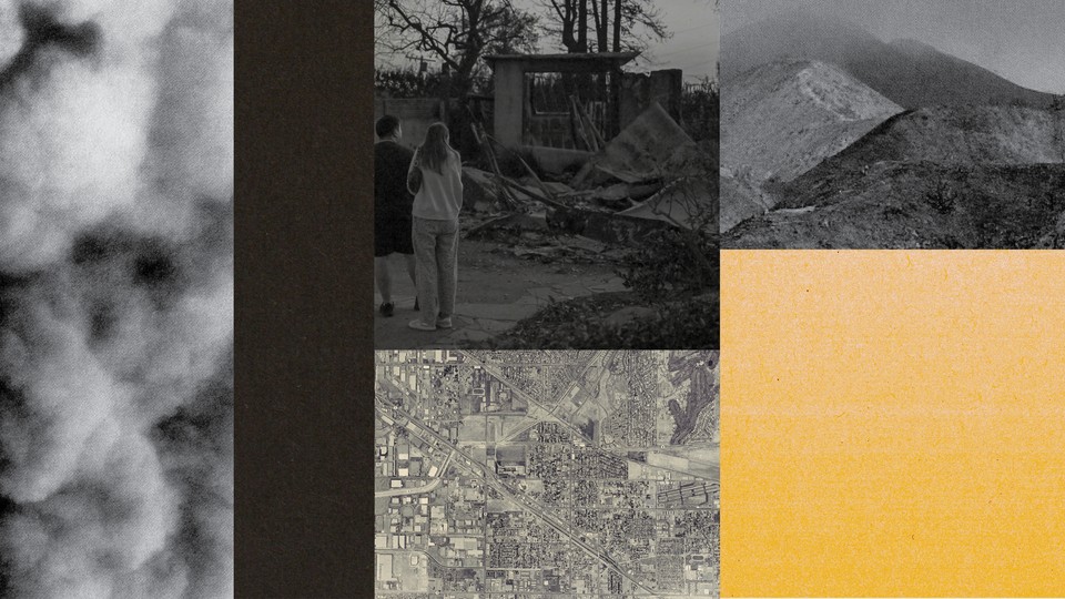 Blocks of gray-scale images of a burnt home, mountains, clouds, and a yellow block of fire