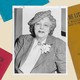 a black and white photo of margaret anderson collaged with red, blue, and yellow editions of "the little review," her magazine
