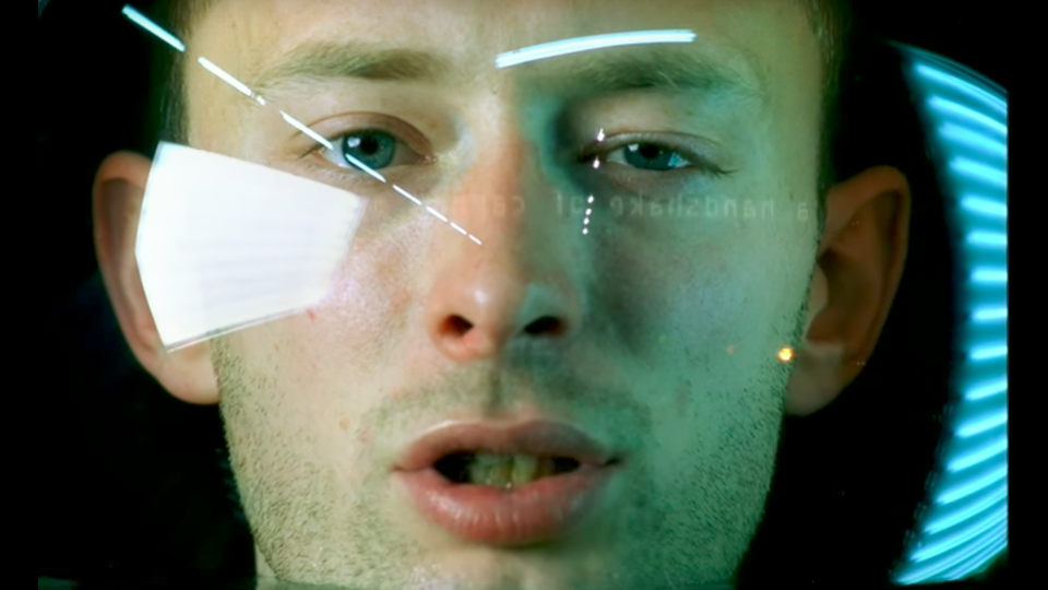Thom Yorke's helmet fills with water in the "No Surprises" video