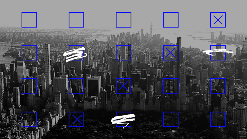 An aerial view of New York City overlaid with a grid of blue checkboxes