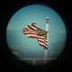 An illustration of a tattered American flag seen through the circle of a telescope.