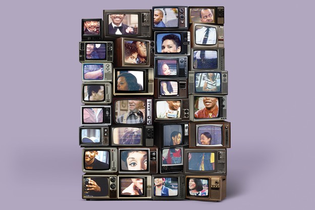 Stack of about 30 vintage TV sets, on light-purple background, showing various Black TV series over the decades