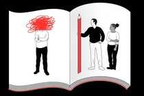 An illustration of a scrapbook: A man holding a giant red pencil stands next to a woman on one page. A man stands alone on the other page; his head is obscured by red scribbles.