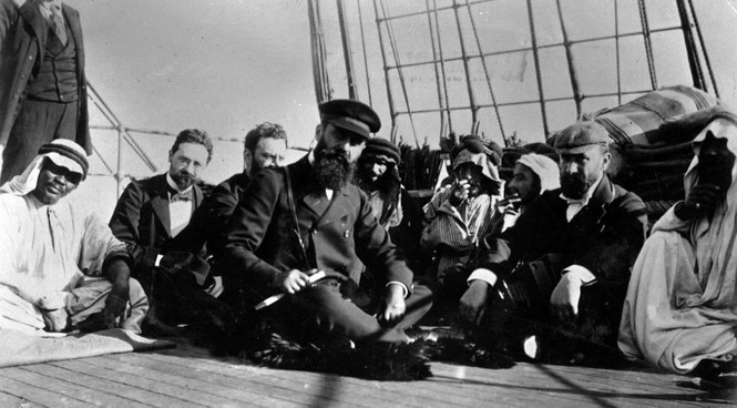 Theodor Herzl on a boat sailing to Palestine in 1898.
