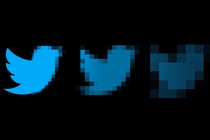 Illustration of Twitter bird fading into pixels on black