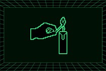 A pixelated hand lights a candle, set against a green-and-black-grid