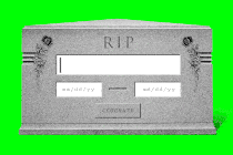Graphic illustration of a gravestone with empty input fields (with flashing cursor) for a name and dates of birth and death.