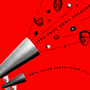 A large megaphone projects lies, fake news, falsehoods, and images of Donald Trump, Mark Zuckerberg, and Hillary Clinton. A smaller megaphone projects truth.