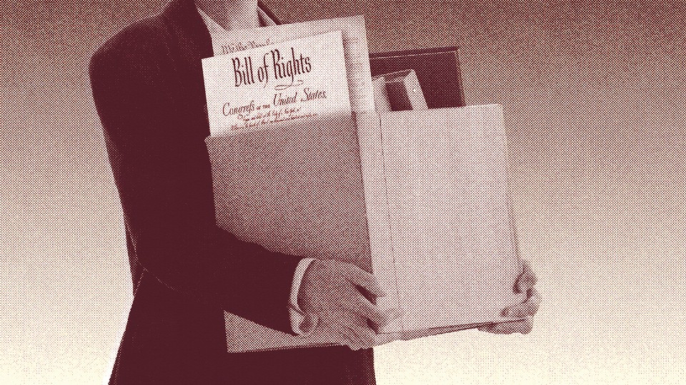 Illustration of a man in a suit holding a cardboard box with binders, folders, and the Bill of Rights