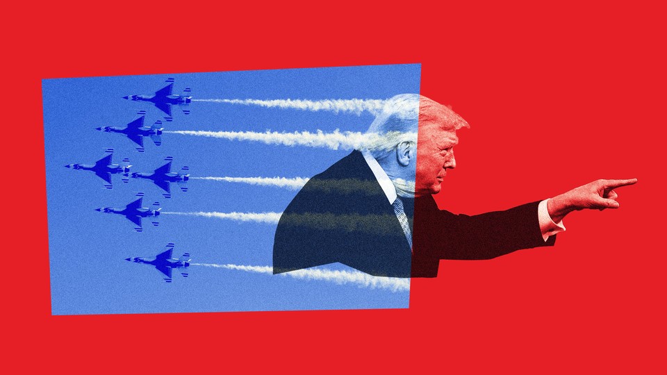 Illustration of Donald Trump pointing to the right while fighter jets fly to the left against a red and blue background.