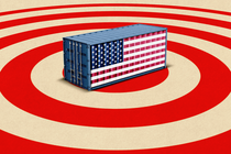 An illustration of a shipping container with the American flag on it on top of a red bull's-eye