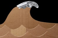 Photo of 2 rows of waves cut out of cardboard boxes, with large cardboard tsunami wave that has a white crest made of white/black shipping label