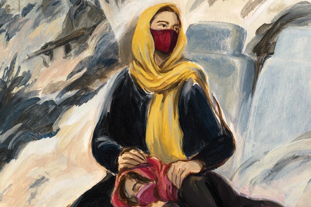 illustration of two robed women in hijabs sitting with dozens of other people at night near a dark pool