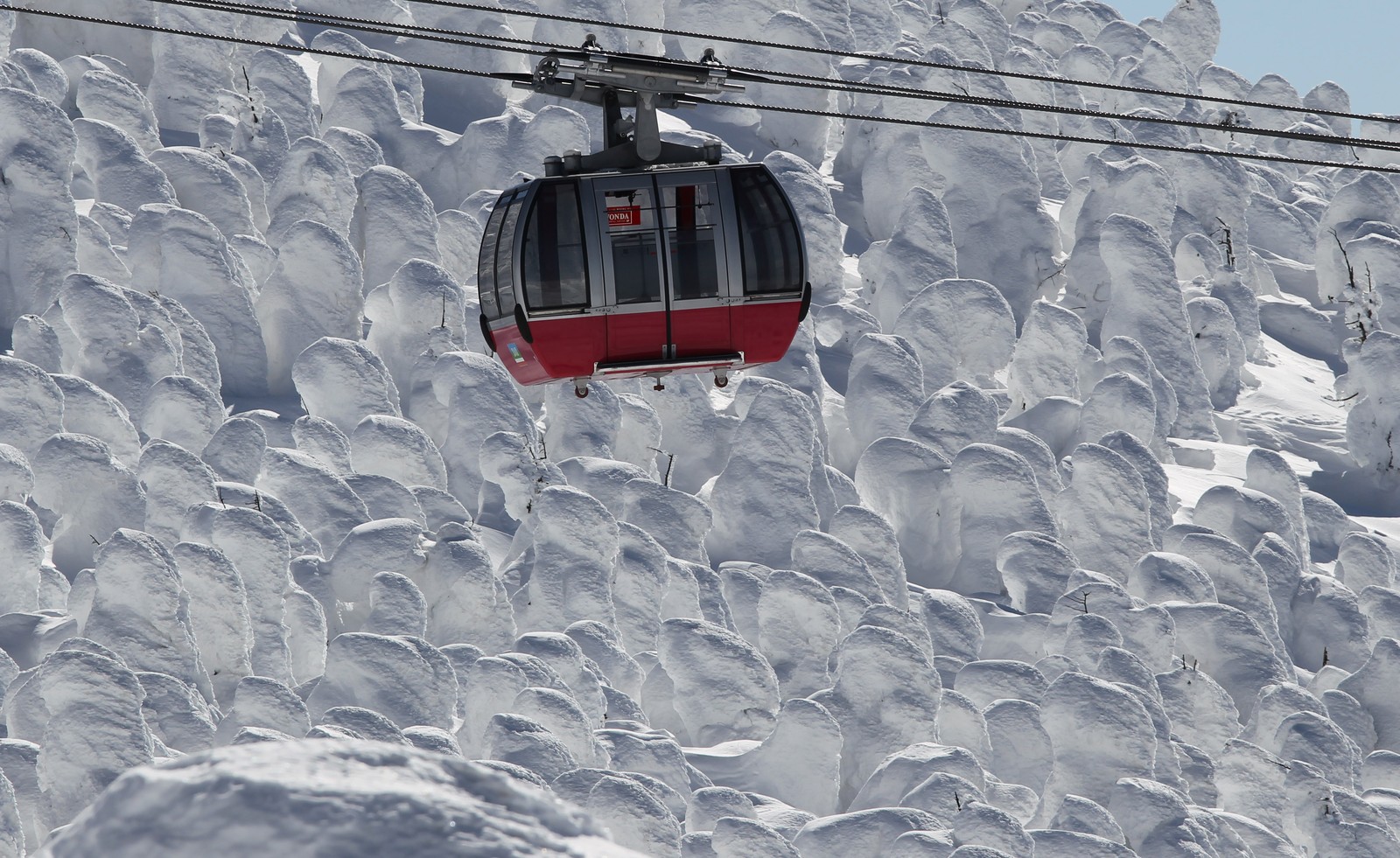 A cable car passes trees covered with ice and snow.