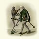 Illustration of a skeleton playing a violin next to a person dancing while holding a horn
