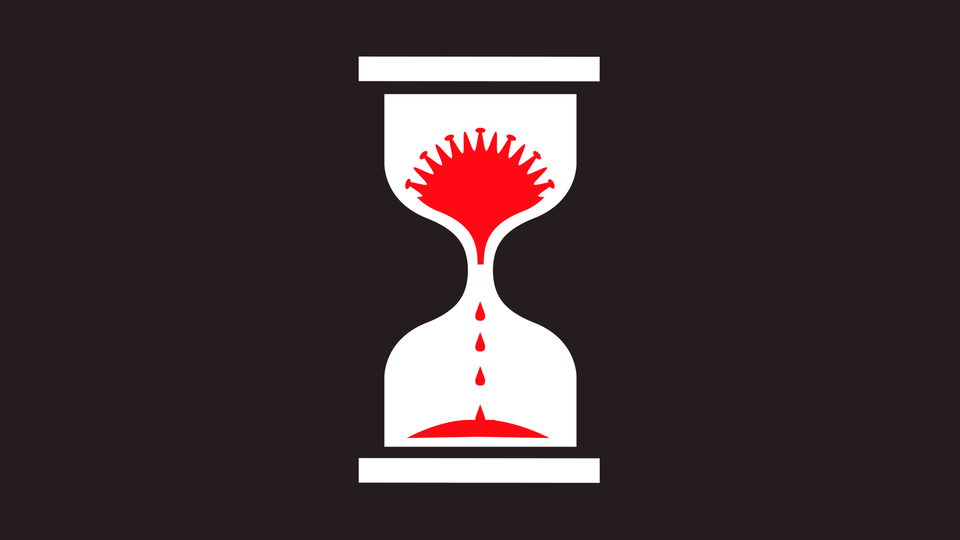 An illustration of a red hourglass with a virus molecule inside.