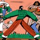 Illustration of a man holding hands with two kids to quizzical looks from others