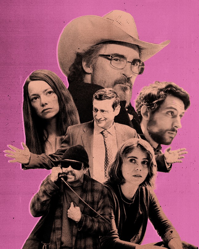 A collage of images from The Mastermind, Eddington, One Battle After Another, and The Chair Company