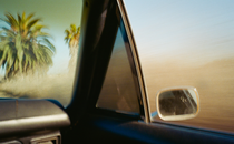 photo looking out of car window with rear-view mirror and palm trees