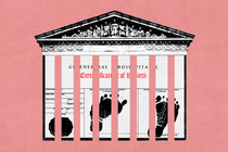 Illustration of a birth certificate with black baby-size footprints on it held behind pink columns of the Supreme Court building, as if imprisoned