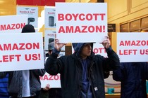 Demonstrators protest Amazon's decision not to open an office in Queens.