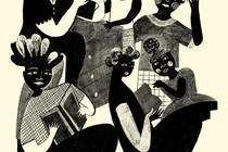 black and white illustration of group of children and teachers reading