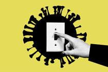 A photo illustration of a black-and-white hand turning off a light switch, which is inside a black image of a coronavirus particle. The image background is yellow.