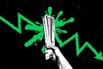 a hand smashing a newspaper onto a green downward arrow