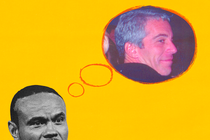 An illustration of the head of Dan Bongino with a thought bubble, around Jeffrey Epstein, on a yellow background