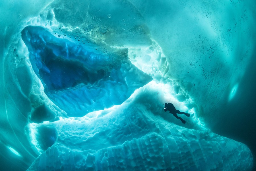 Un buceador explora la parte inferior de un gigantesco iceberg, visto desde abajo.