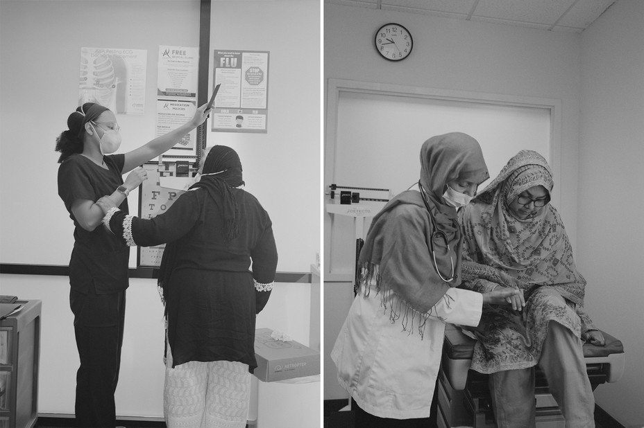 Left photograph showing Tori Finney, a volunteer, measuring a patient at ADAMS.  Right photograph showing Dr. Fathiya Warsame helping a patient at ADAMS 