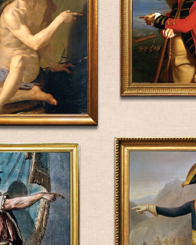 illustration with four gold-framed historical paintings of people pointing fingers at each other