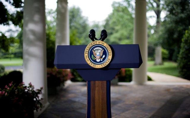 Photo of an empty presidential podium outside the Oval Office at the White House