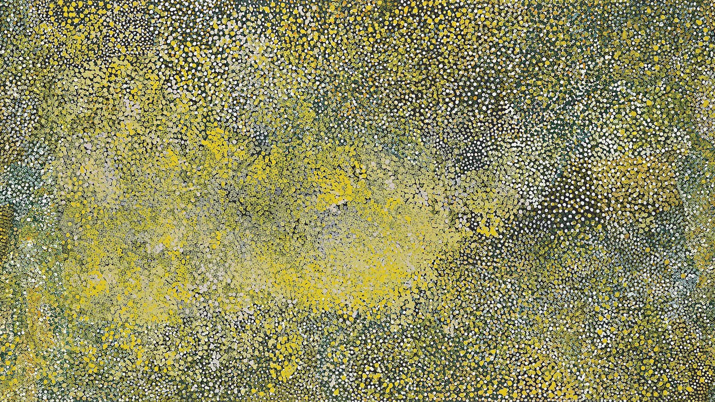large abstract painting with layers and swirls of dots in yellow, green, white, and brown