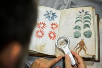 A man holds a magnifying glass over the Voynich Manuscript.