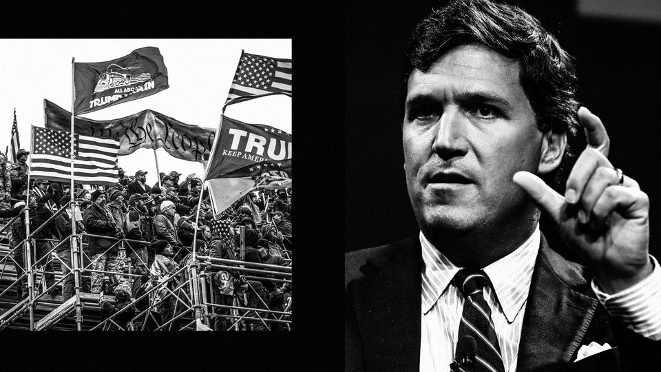 A black-and-white diptych of Trump supporters standing atop scaffolding and waving "We the People" and "Trump" flags, and Tucker Carlson.
