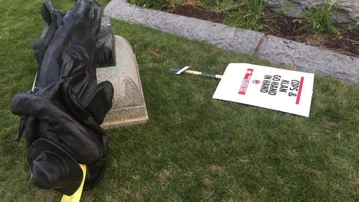 A Confederate statue in Durham, North Carolina, after being removed by protestors on August 14, 2017.
