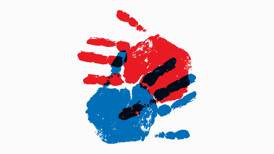 Red and blue handprints overlap.