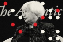 A photo of Treasury Secretary Janet Yellen sitting in front of a backdrop reading "The Atlantic Festival," with illustrated red and white dots across the image
