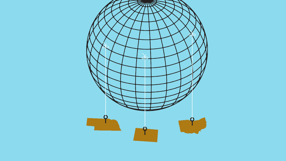 An illustration of the globe with the states Nebraska, Ohio, and Colorado hanging on threads