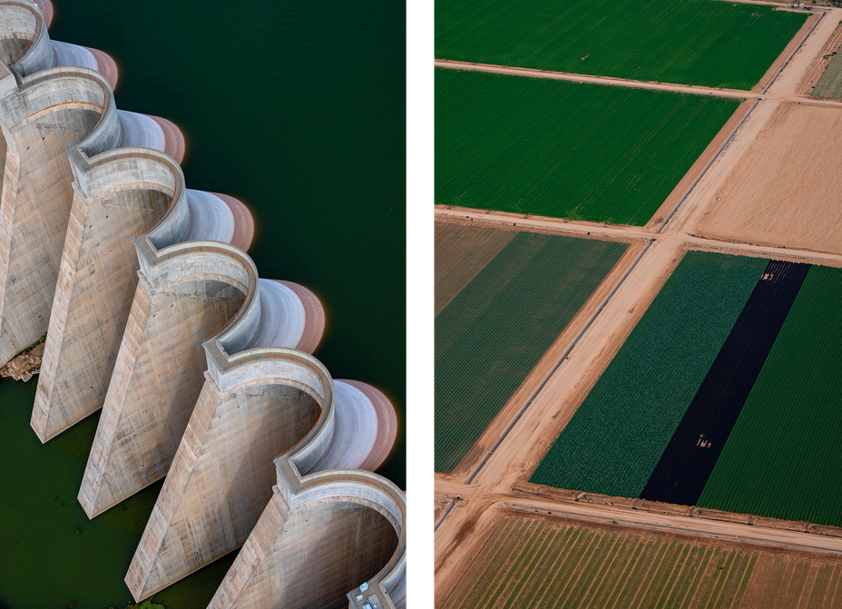 2 photos: aerial view of dam shaped like connected concrete half-circles with dark green water behind; aerial view of emerald and dark green fields with dusty desert roads between