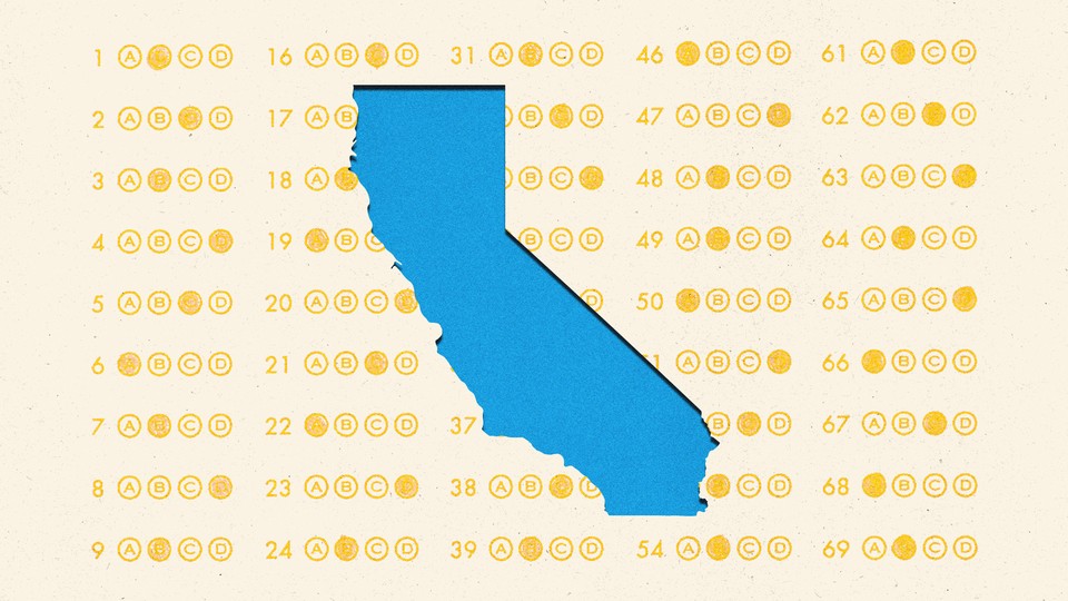 An illustration of the state of California in front of a backdrop of standardized test sheet bubbles.