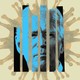 Joe Biden's head, in blue, divided into vertical slats, in front of a coronavirus