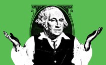 An illustration of the dollar-bill portrait of George Washington shrugging in confusion