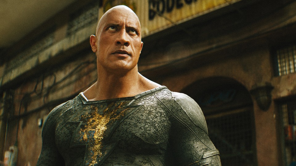 Dwayne Johnson with a serious expression as Black Adam