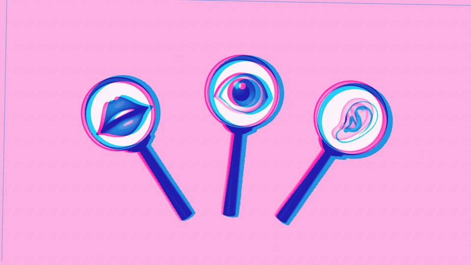 Illustration of magnifying glasses with eye, lip, and ear emojis at their center