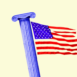 An illustration of a column and the American flag.