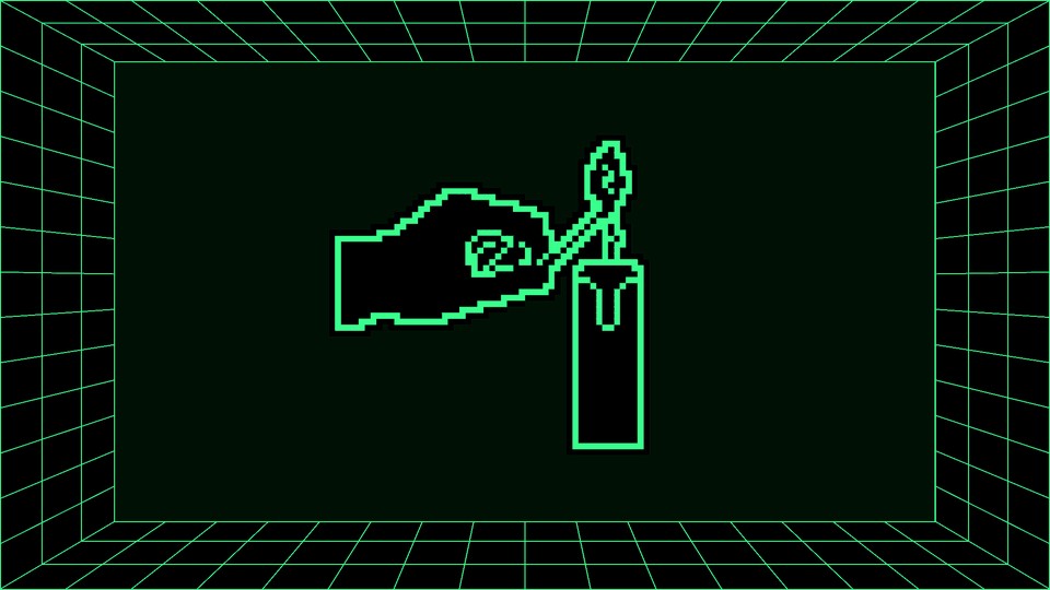 A pixelated hand lights a candle, set against a green-and-black-grid